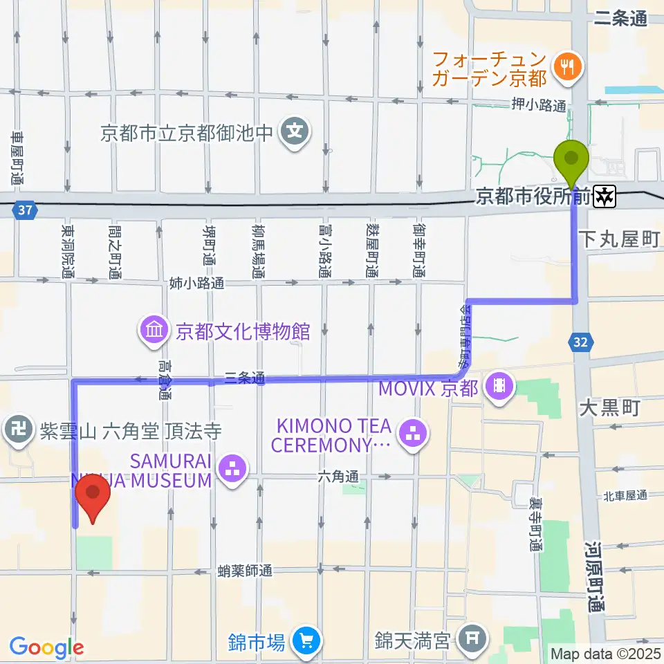 京都市役所前駅からウィングス京都へのルートマップ地図