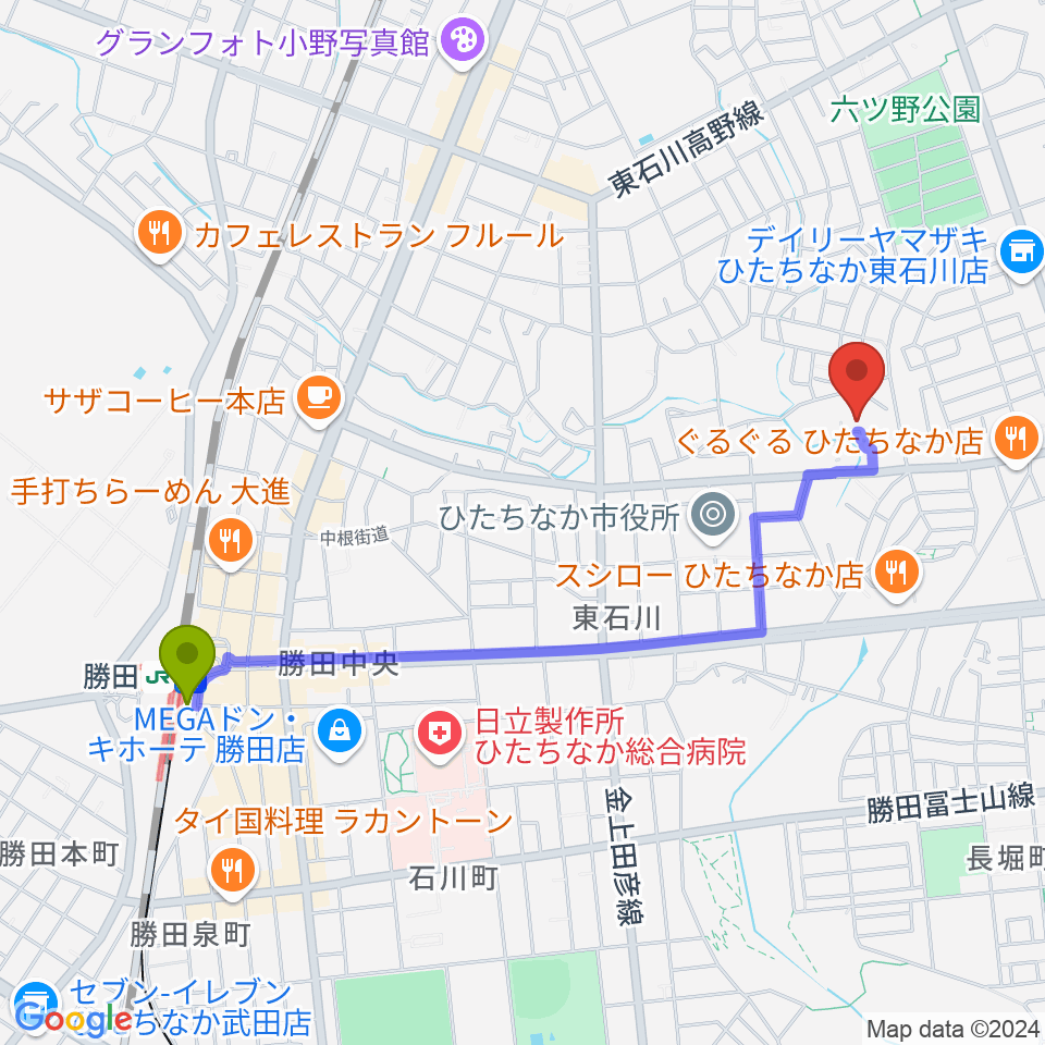 ワークプラザ勝田の最寄駅勝田駅からの徒歩ルート（約21分）地図