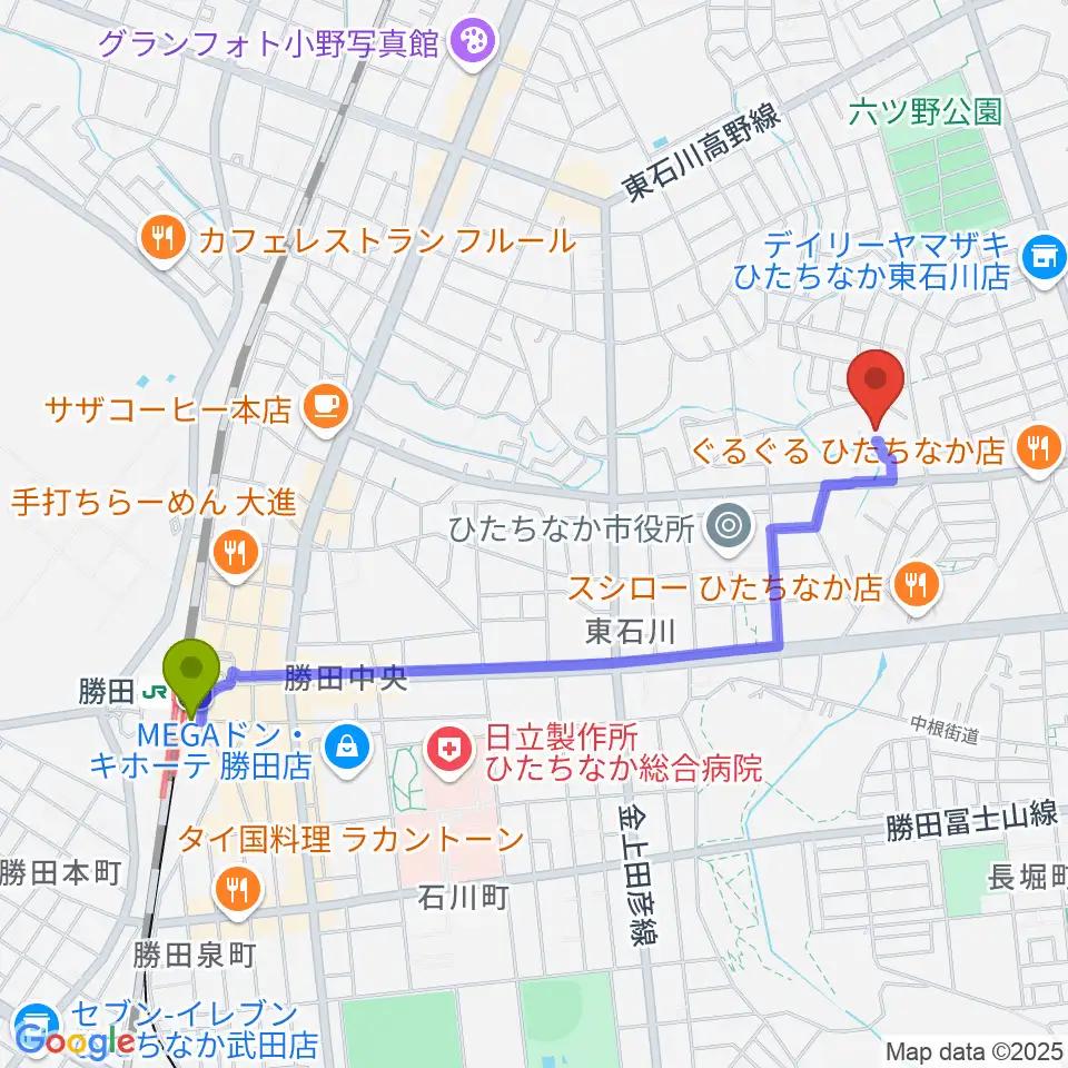 ワークプラザ勝田の最寄駅勝田駅からの徒歩ルート（約21分）地図