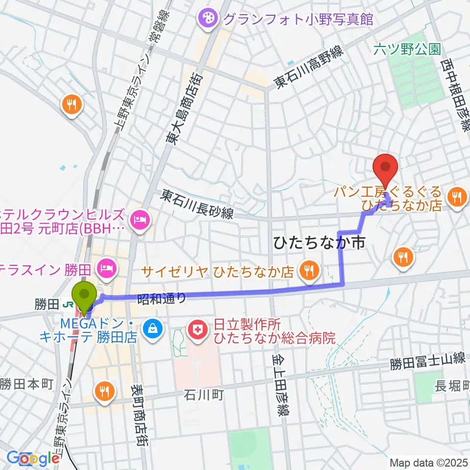 ワークプラザ勝田の最寄駅勝田駅からの徒歩ルート（約21分）地図