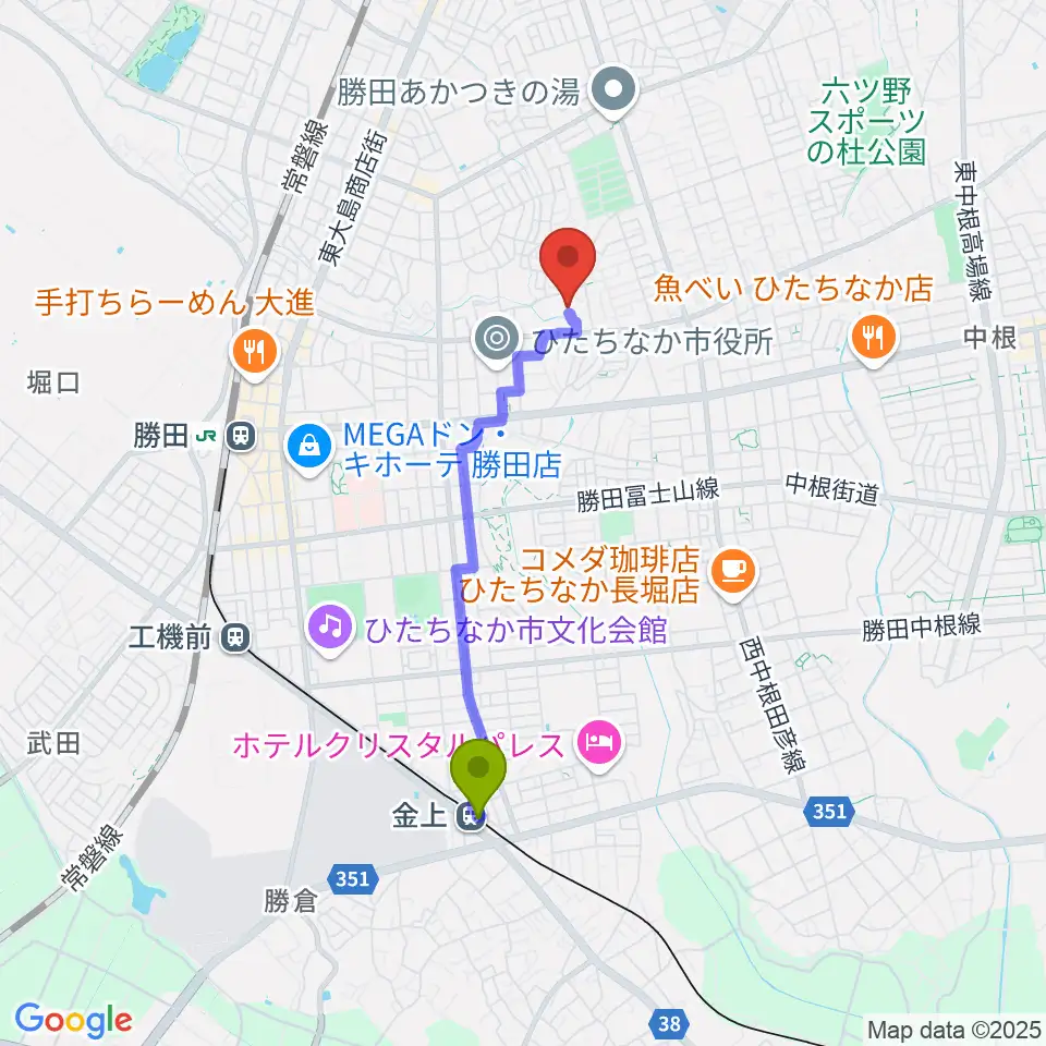 金上駅からワークプラザ勝田へのルートマップ地図