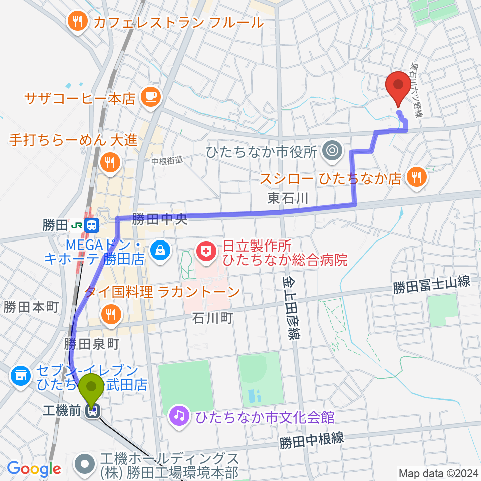 工機前駅からワークプラザ勝田へのルートマップ地図