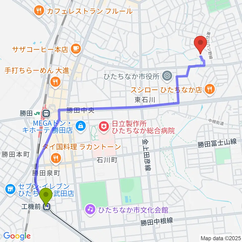 工機前駅からワークプラザ勝田へのルートマップ地図