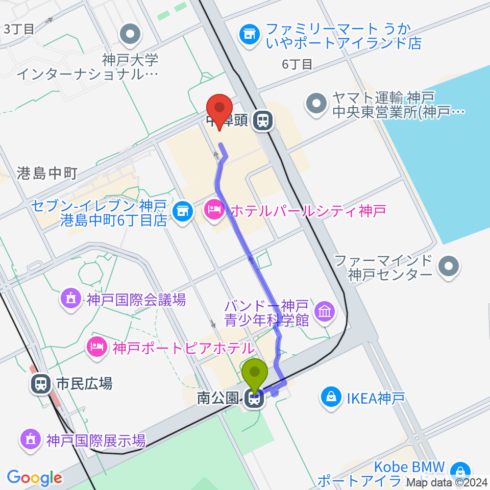 南公園駅から神戸ジーベックホールへのルートマップ地図