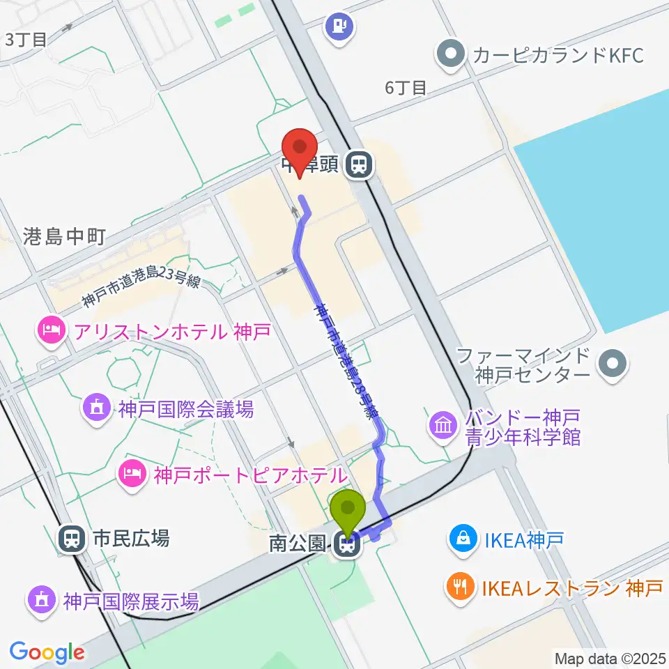 南公園駅から神戸ジーベックホールへのルートマップ地図