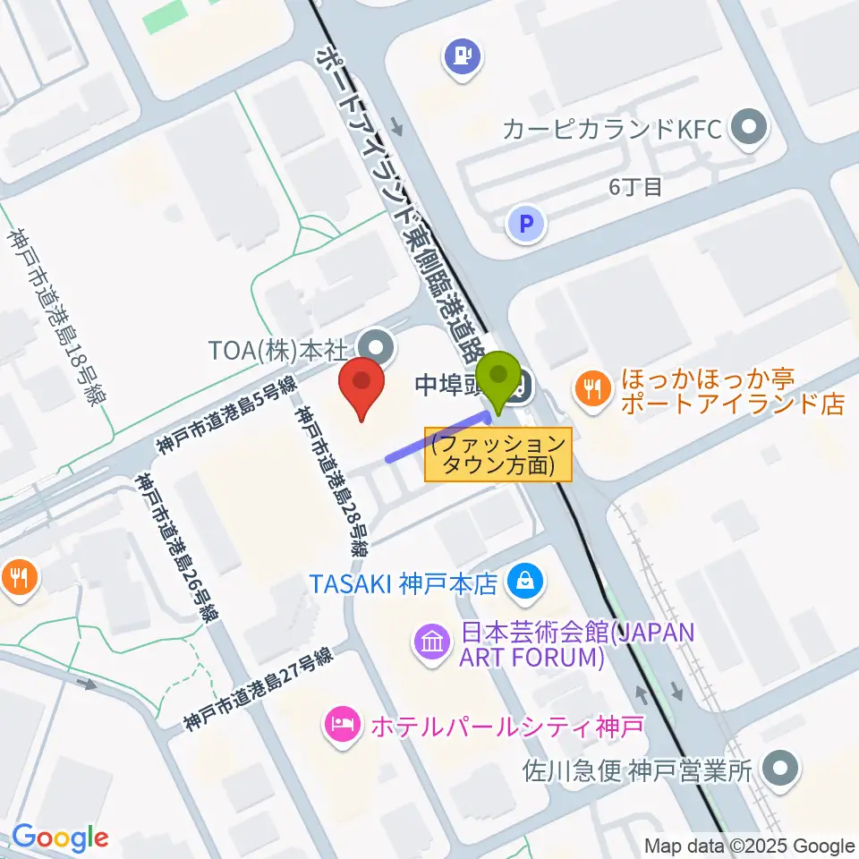 神戸ジーベックホールの最寄駅中埠頭駅からの徒歩ルート（約1分）地図