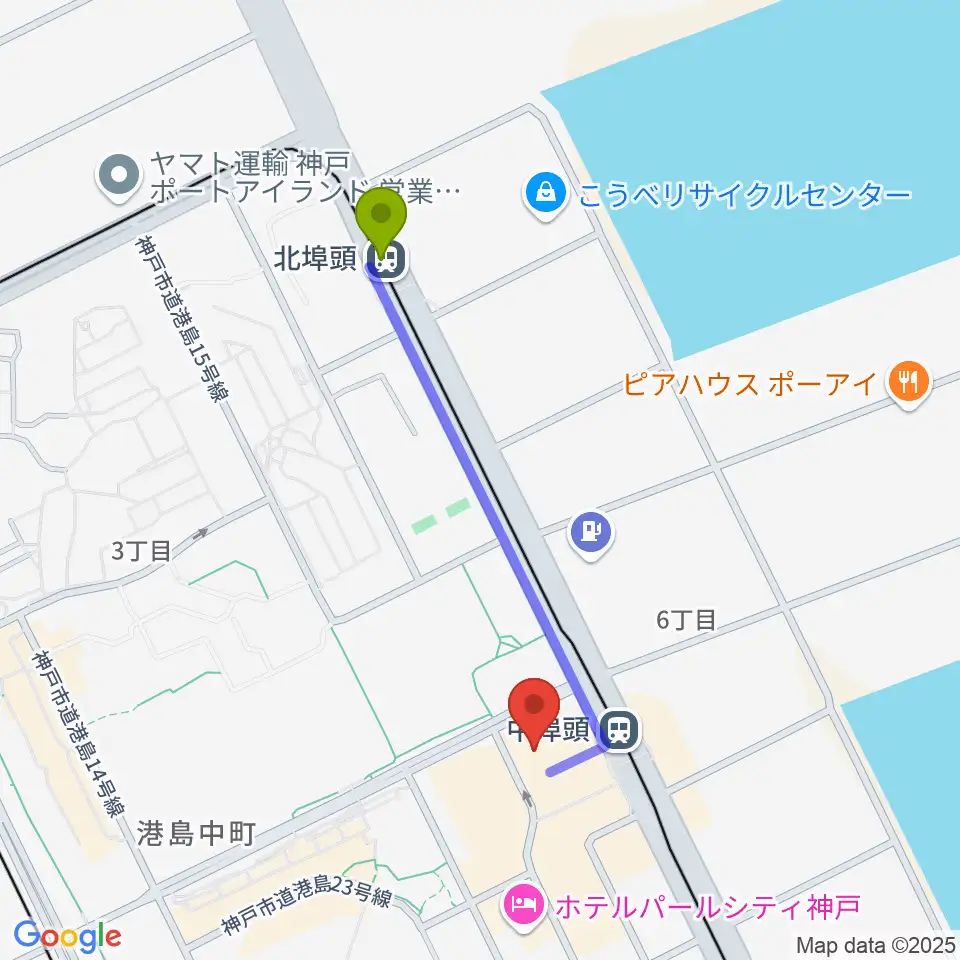 北埠頭駅から神戸ジーベックホールへのルートマップ地図