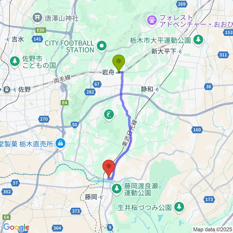岩舟駅から栃木市藤岡文化会館へのルートマップ地図