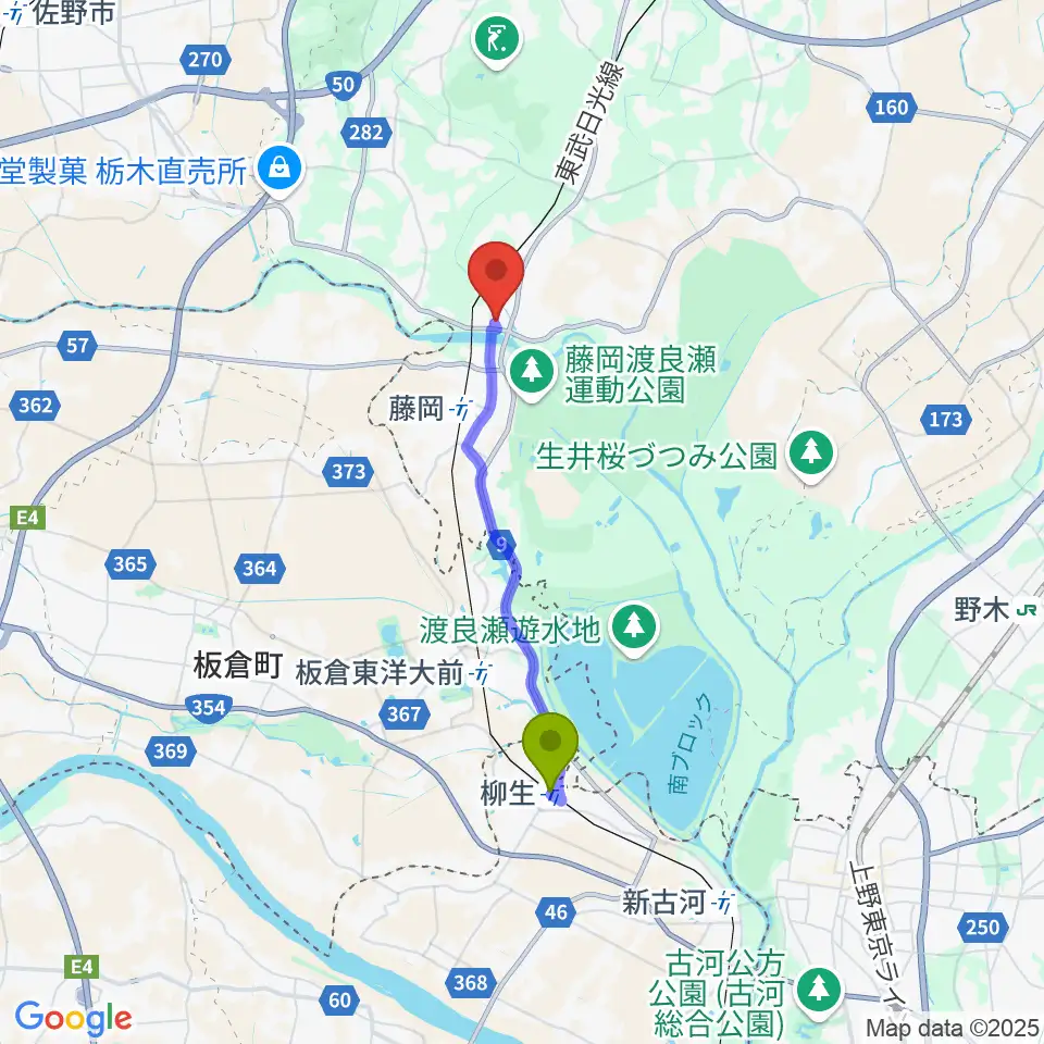 柳生駅から栃木市藤岡文化会館へのルートマップ地図