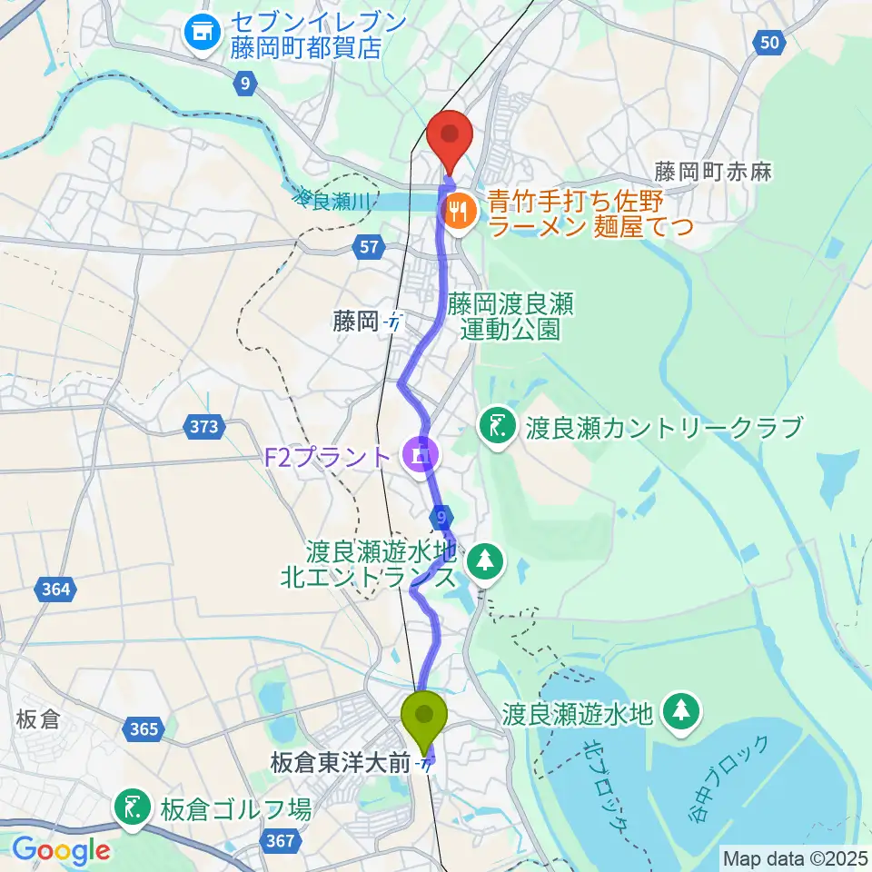 板倉東洋大前駅から栃木市藤岡文化会館へのルートマップ地図