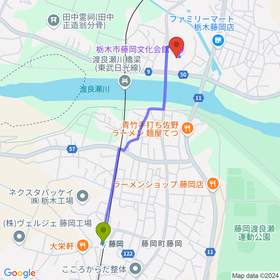 栃木市藤岡文化会館の最寄駅藤岡駅からの徒歩ルート（約22分）地図