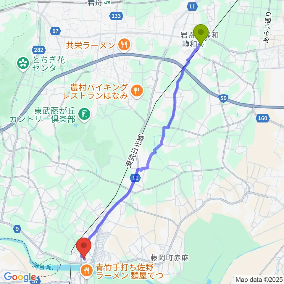 静和駅から栃木市藤岡文化会館へのルートマップ地図