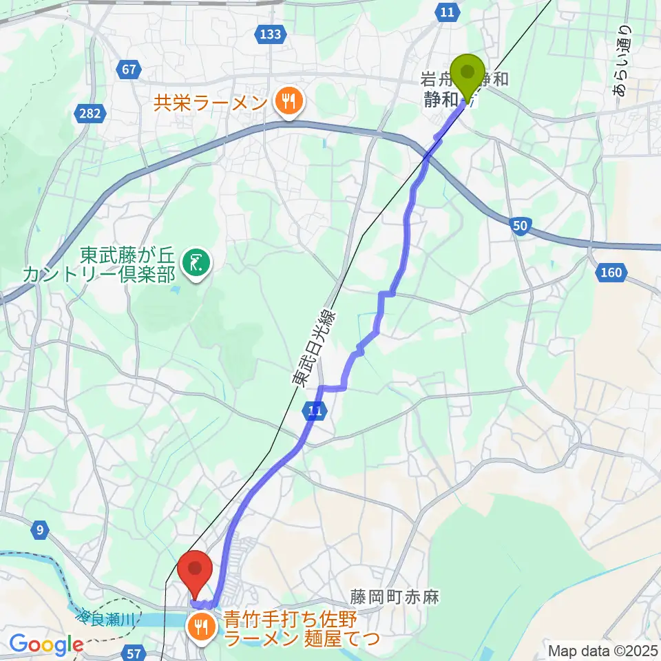 静和駅から栃木市藤岡文化会館へのルートマップ地図