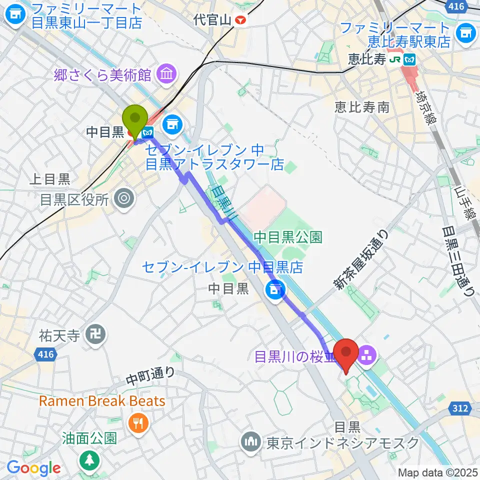 中目黒駅から目黒区中小企業センターホールへのルートマップ地図