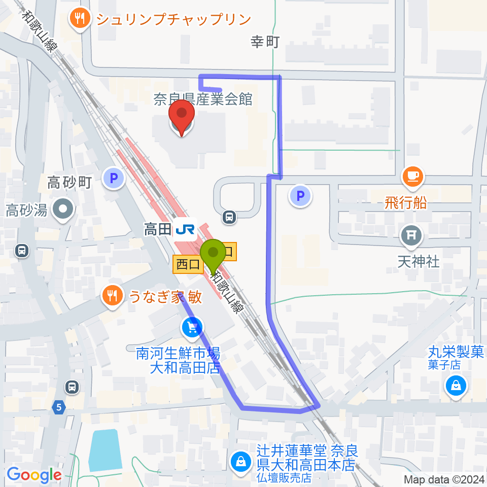 奈良県産業会館の最寄駅高田駅からの徒歩ルート（約2分）地図