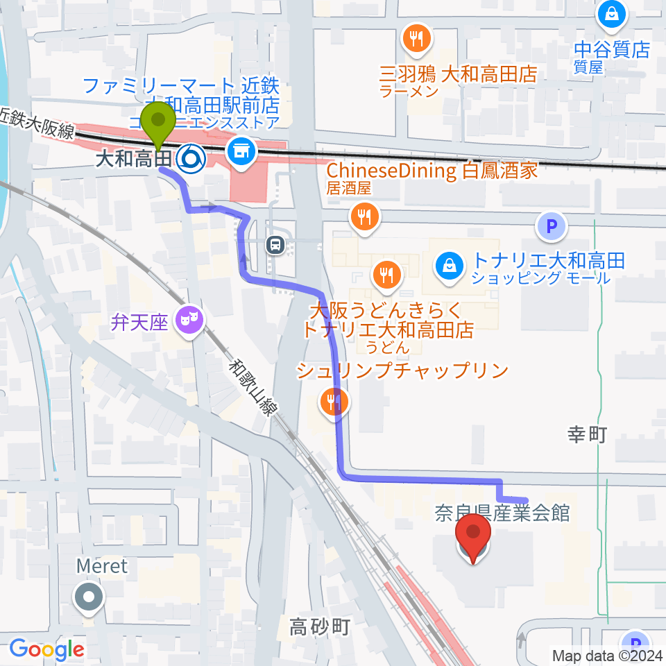 大和高田駅から奈良県産業会館へのルートマップ地図