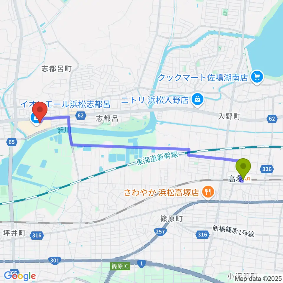 高塚駅からロッキン浜松店へのルートマップ地図