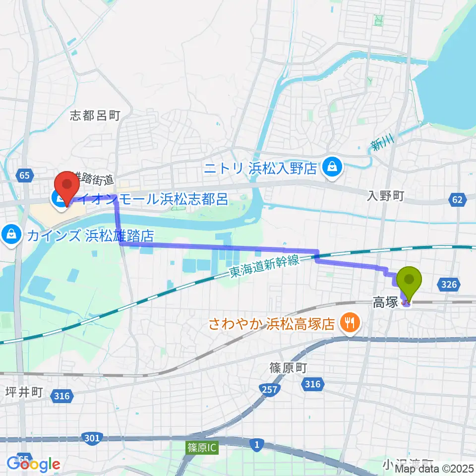 高塚駅からロッキン浜松店へのルートマップ地図