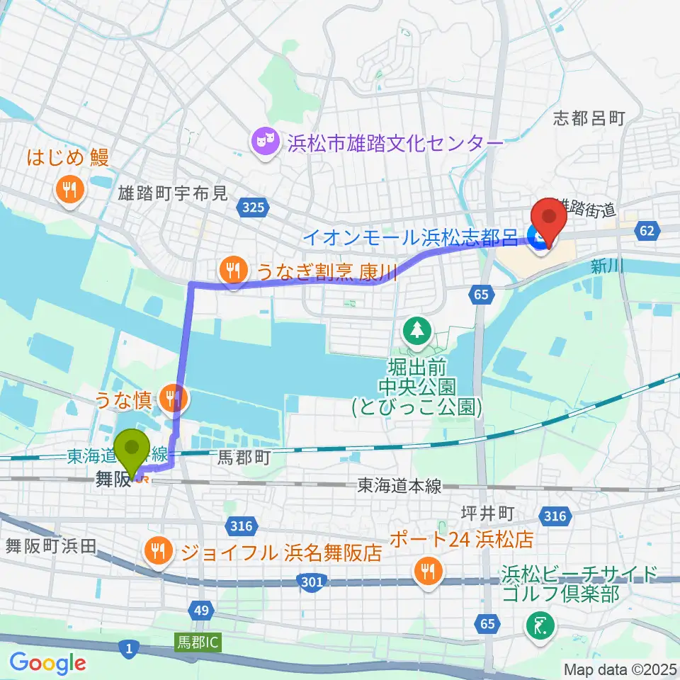 ロッキン浜松店の最寄駅舞阪駅からの徒歩ルート（約44分）地図