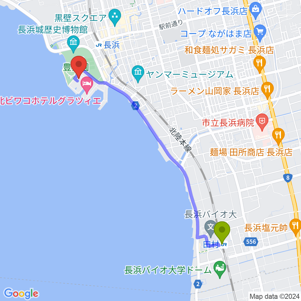 田村駅から長浜文化芸術会館へのルートマップ地図