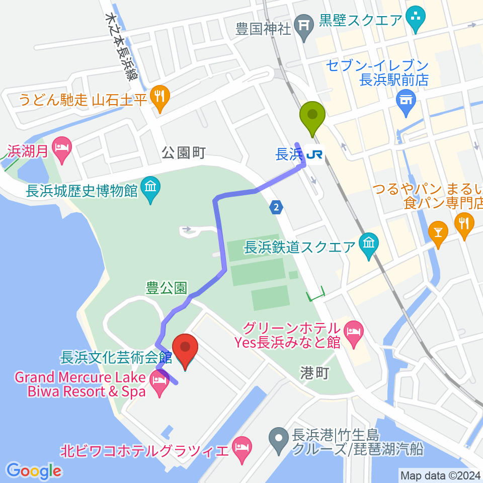 長浜文化芸術会館の最寄駅長浜駅からの徒歩ルート（約9分）地図