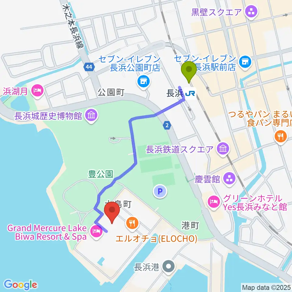 長浜文化芸術会館の最寄駅長浜駅からの徒歩ルート（約9分）地図