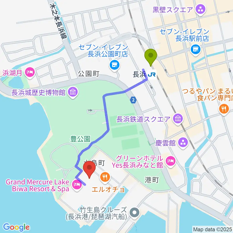 長浜文化芸術会館の最寄駅長浜駅からの徒歩ルート（約9分）地図