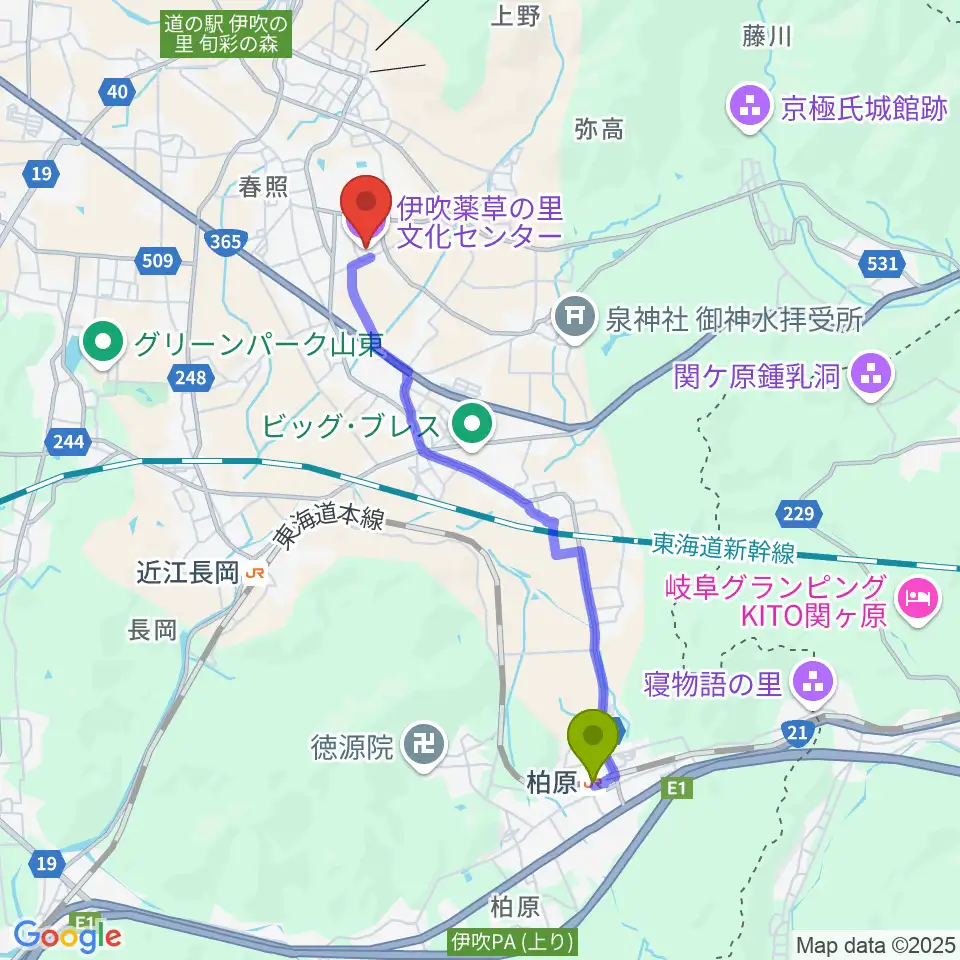 柏原駅から伊吹薬草の里文化センターへのルートマップ地図