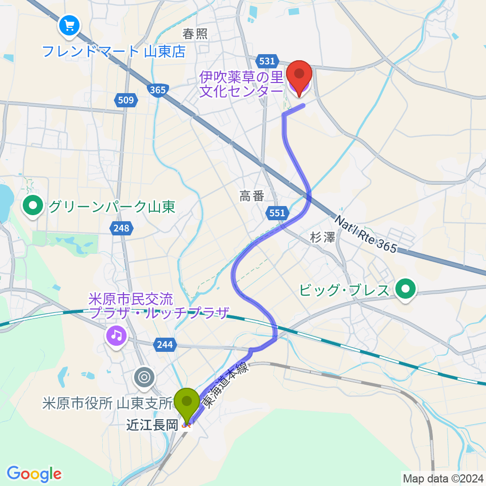 伊吹薬草の里文化センターの最寄駅近江長岡駅からの徒歩ルート（約44分）地図