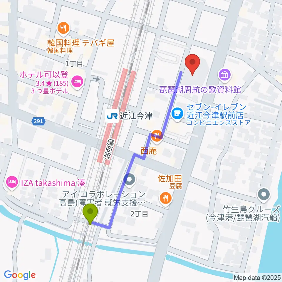 高島市民会館の最寄駅近江今津駅からの徒歩ルート（約5分）地図
