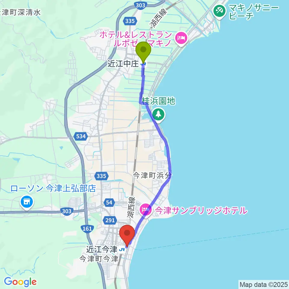 近江中庄駅から高島市民会館へのルートマップ地図