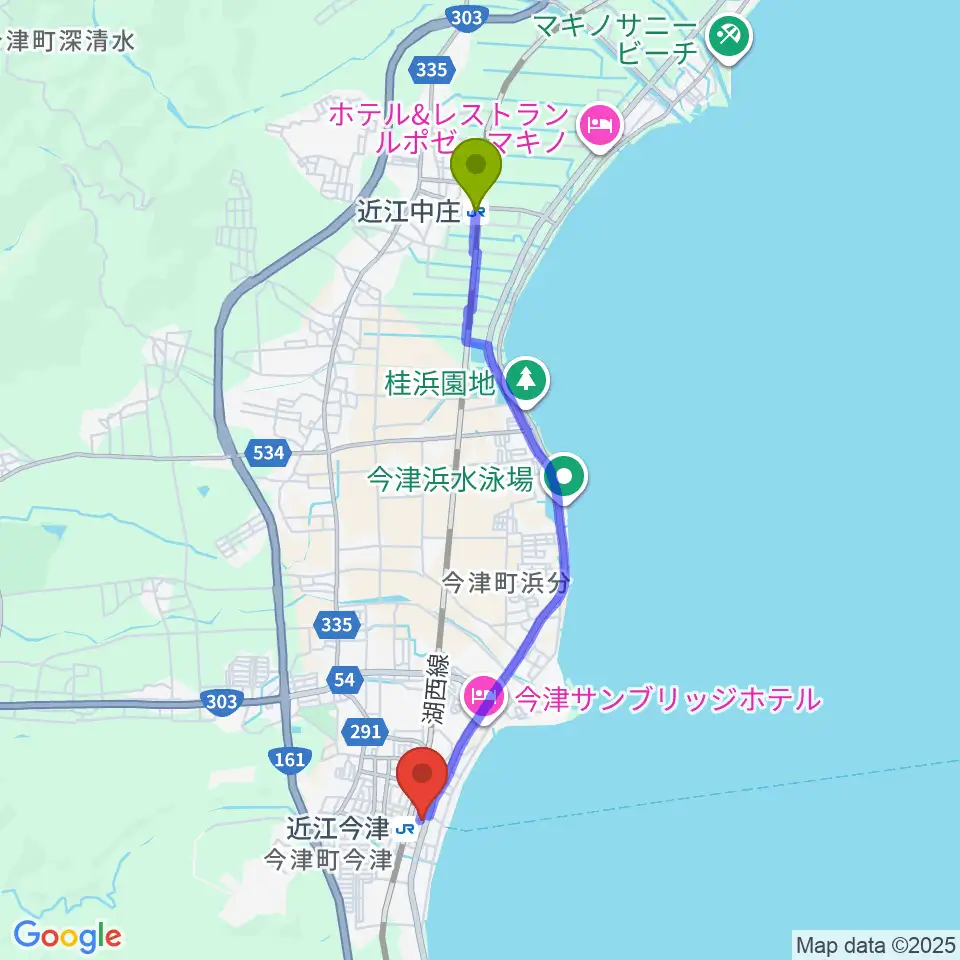 近江中庄駅から高島市民会館へのルートマップ地図