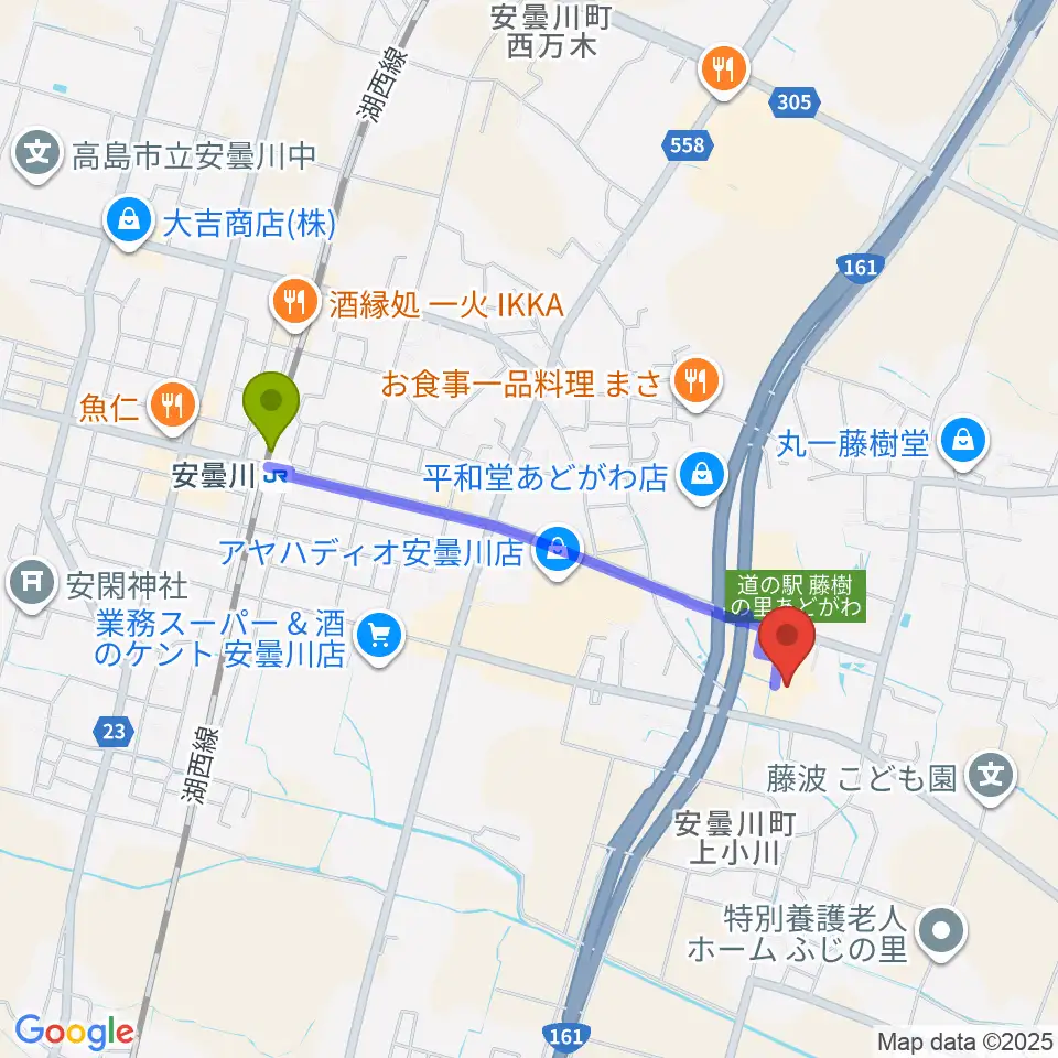 藤樹の里文化芸術会館の最寄駅安曇川駅からの徒歩ルート（約17分）地図
