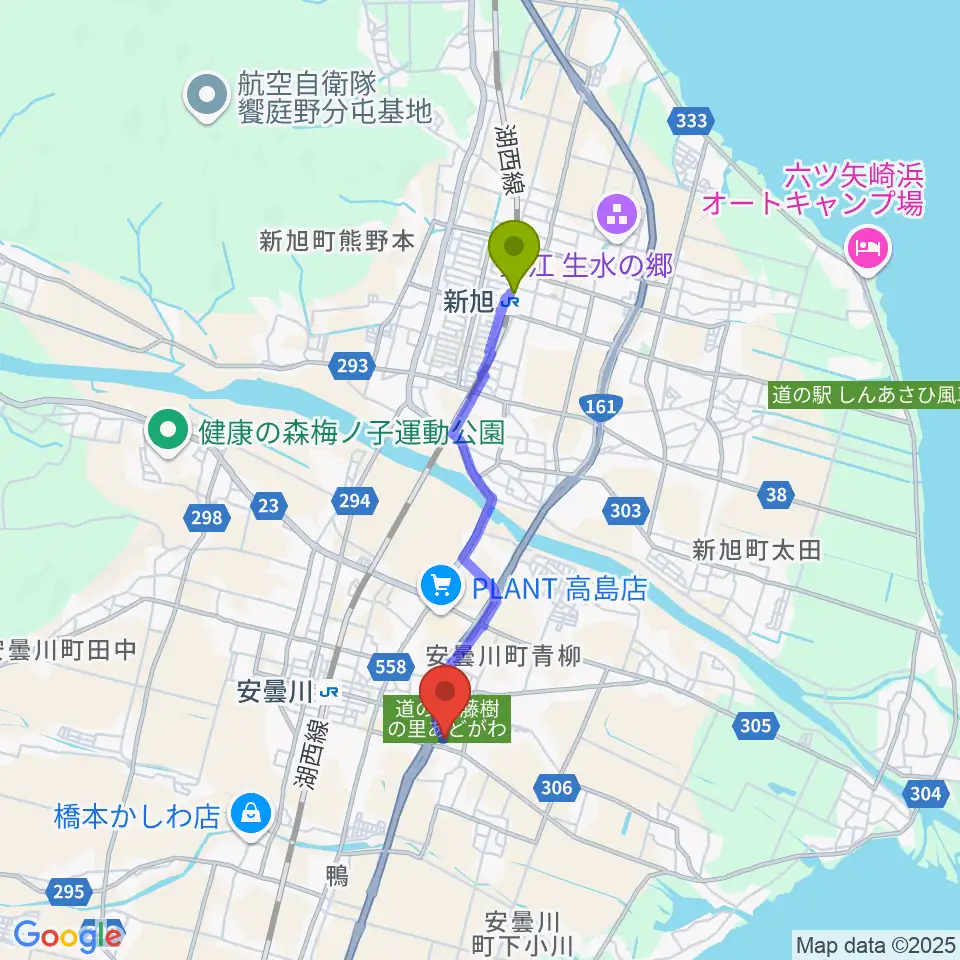新旭駅から藤樹の里文化芸術会館へのルートマップ地図