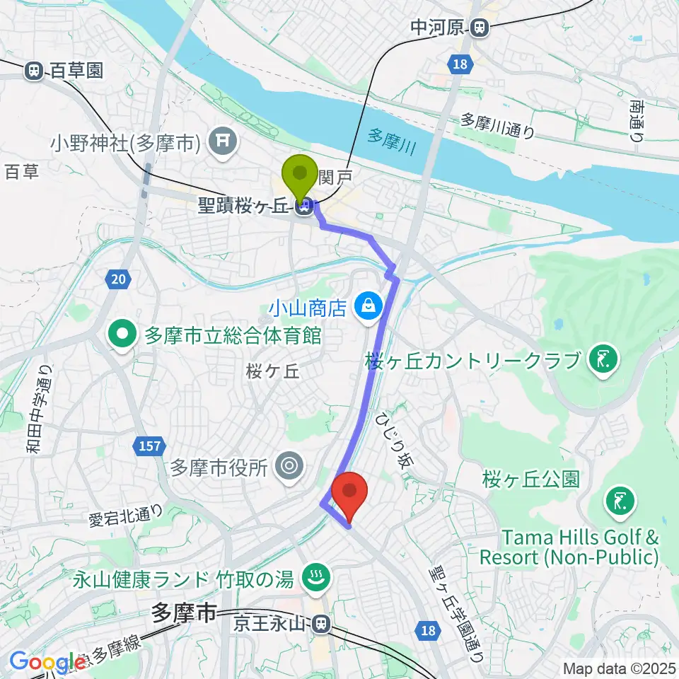 聖蹟桜ヶ丘駅から永山Free As Birdへのルートマップ地図