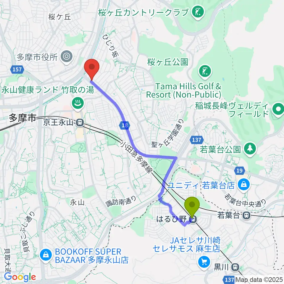 はるひ野駅から永山Free As Birdへのルートマップ地図