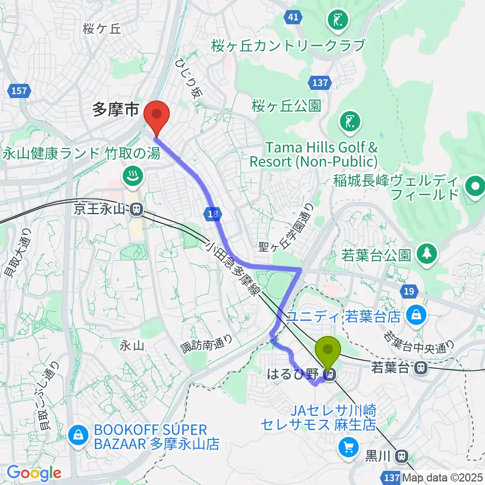 はるひ野駅から永山Free As Birdへのルートマップ地図