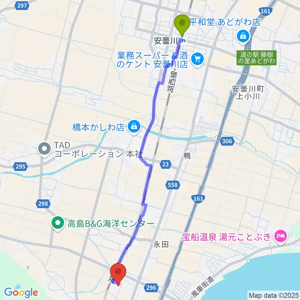 安曇川駅からガリバーホールへのルートマップ地図