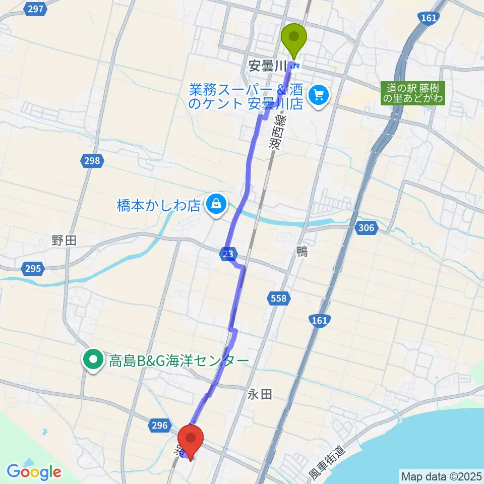 安曇川駅からガリバーホールへのルートマップ地図