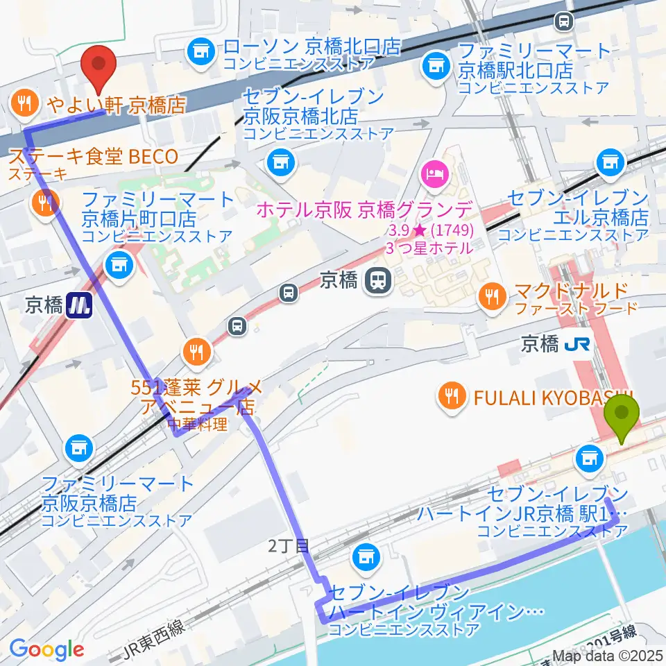 K Music Actの最寄駅京橋駅からの徒歩ルート（約7分）地図