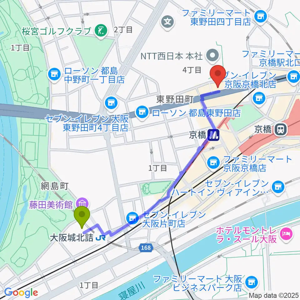 大阪城北詰駅からK Music Actへのルートマップ地図