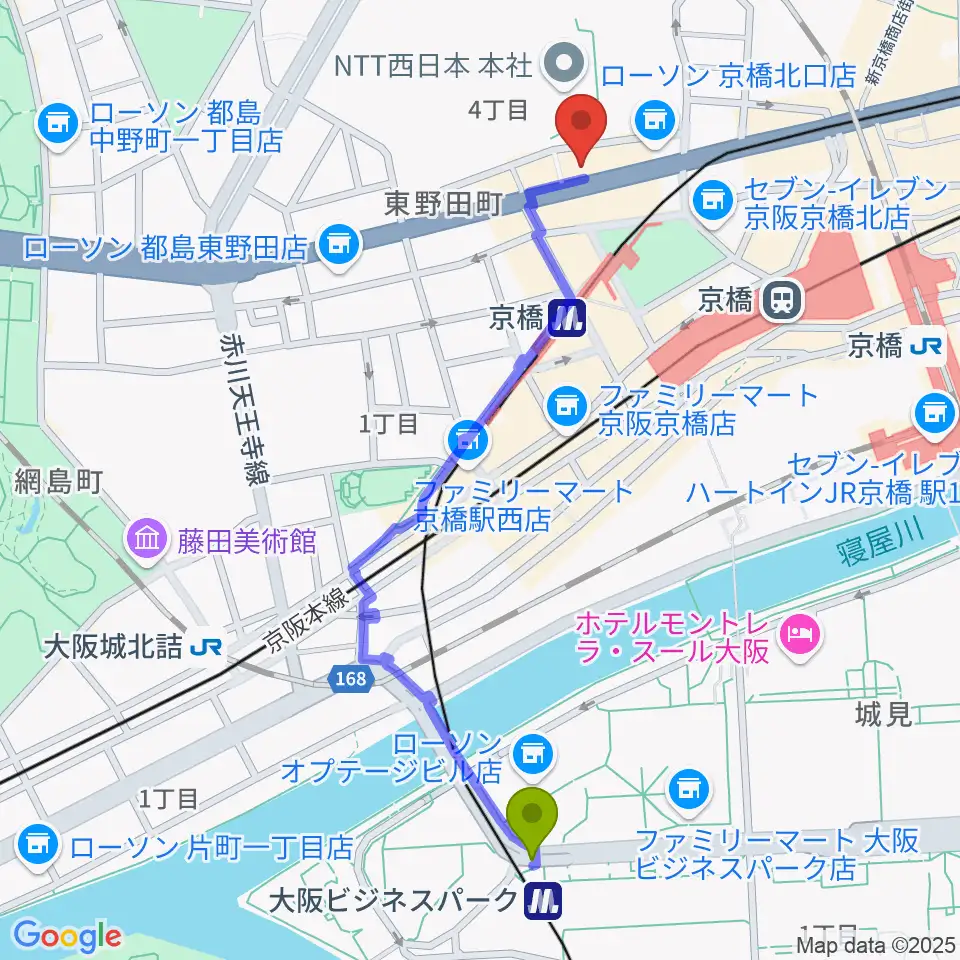 大阪ビジネスパーク駅からK Music Actへのルートマップ地図