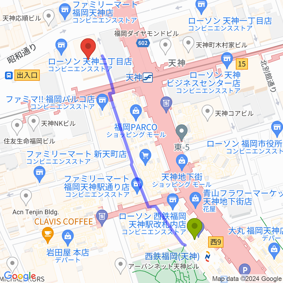 西鉄福岡（天神）駅からFFGホールへのルートマップ地図