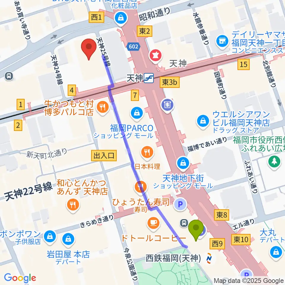 西鉄福岡（天神）駅からFFGホールへのルートマップ地図