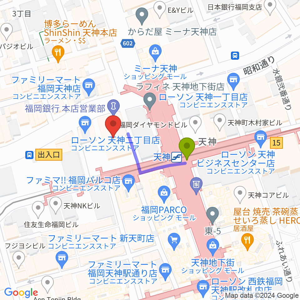 FFGホールの最寄駅天神駅からの徒歩ルート（約2分）地図