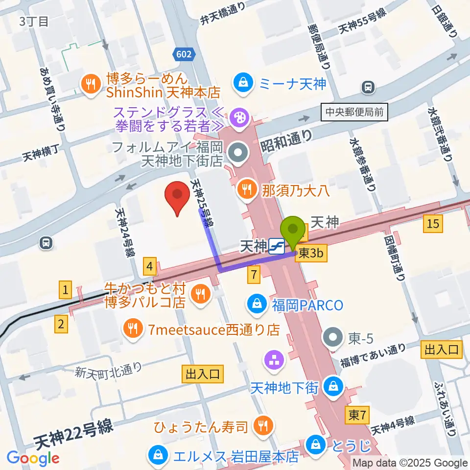 FFGホールの最寄駅天神駅からの徒歩ルート（約2分）地図