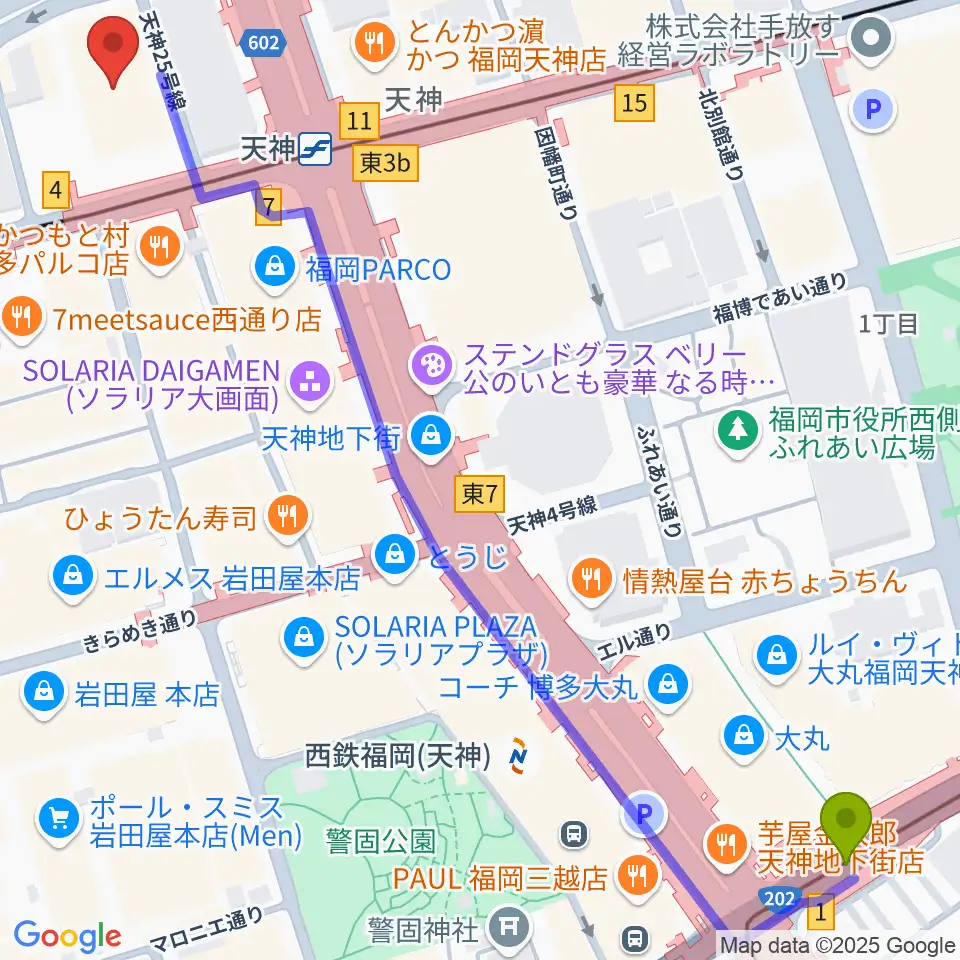 天神南駅からFFGホールへのルートマップ地図