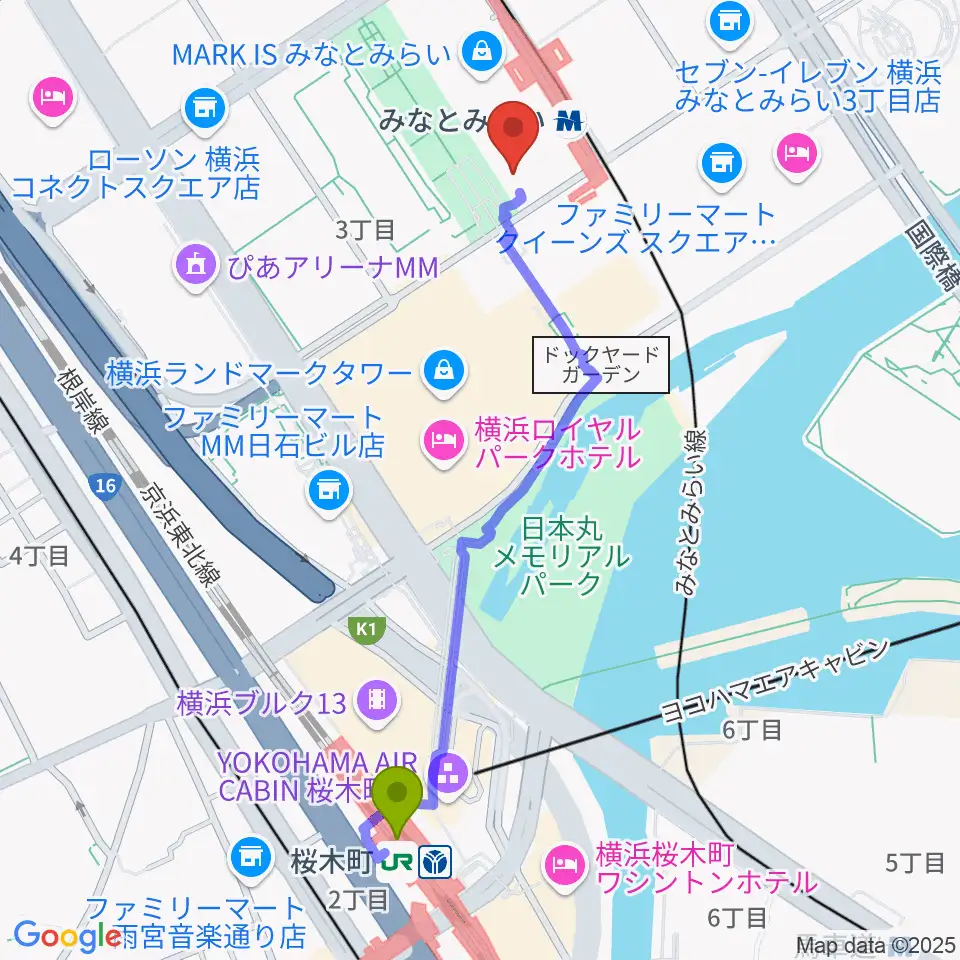 桜木町駅から島村楽器 横浜みなとみらい店へのルートマップ地図