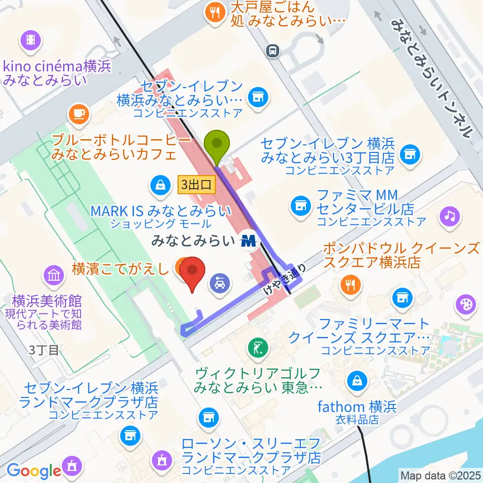 島村楽器 横浜みなとみらい店の最寄駅みなとみらい駅からの徒歩ルート（約2分）地図