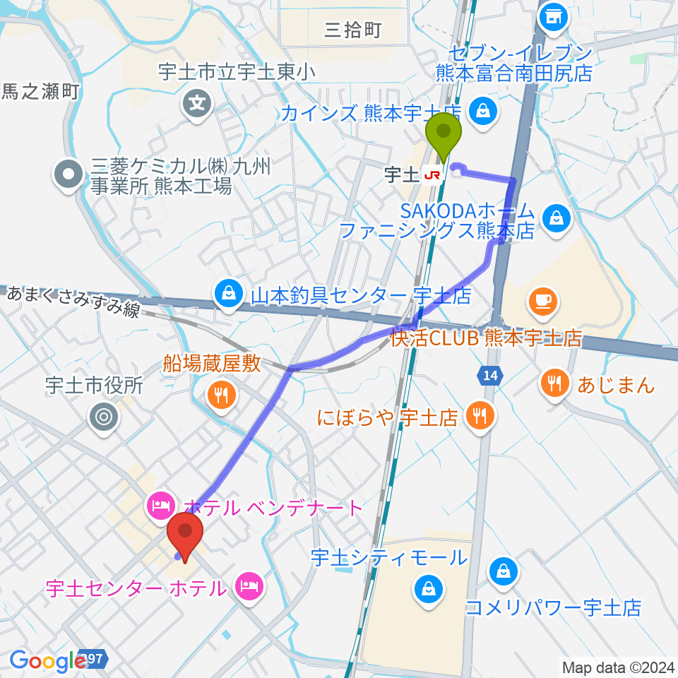 宇土市民会館の最寄駅宇土駅からの徒歩ルート（約23分）地図